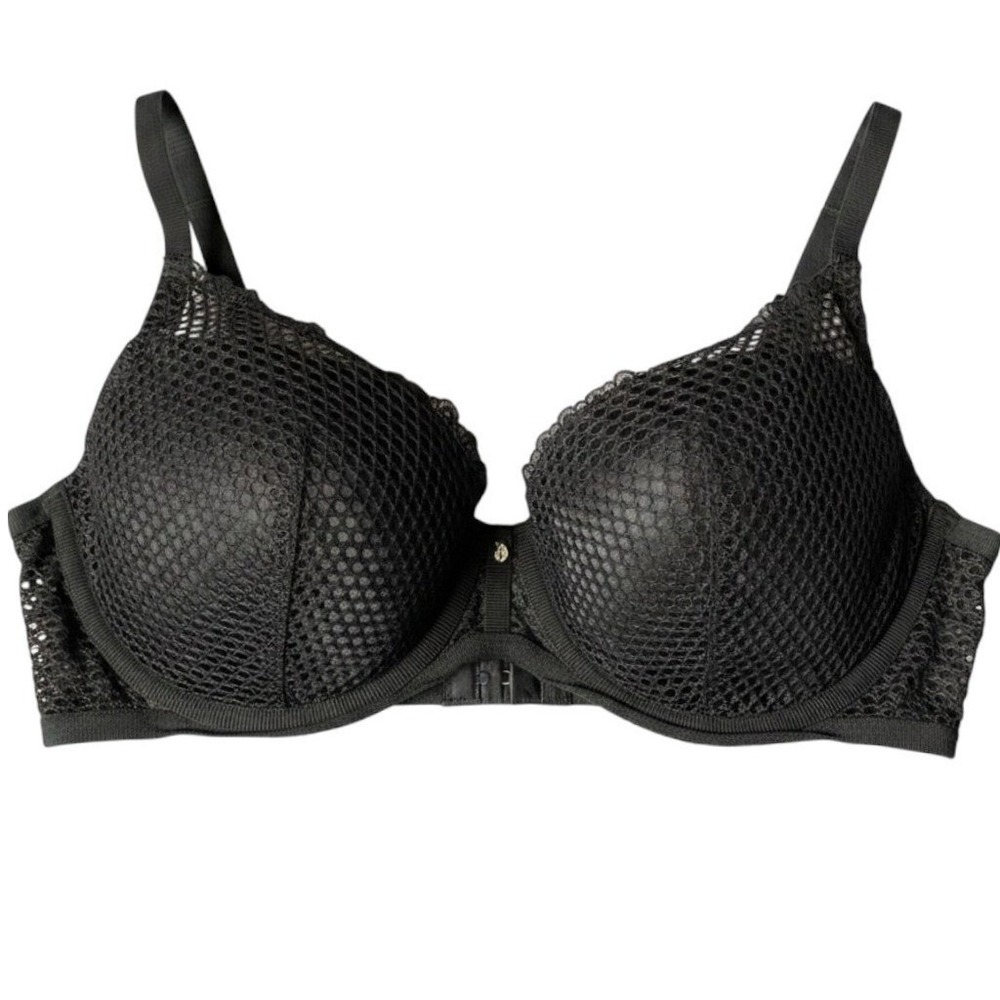 Victoria Secret Plunge Satin Lined Net Overlay Bra 36D Gold Underwire Push Up